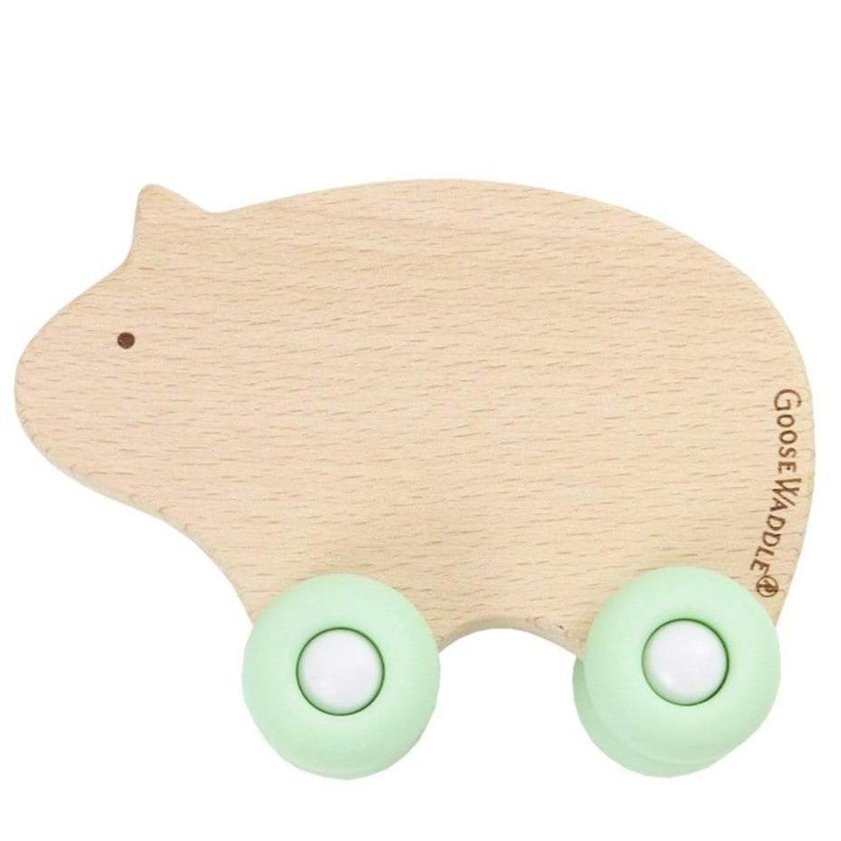 Mint Bear Silicone + Wood Teether with Wheels - HoneyBug 