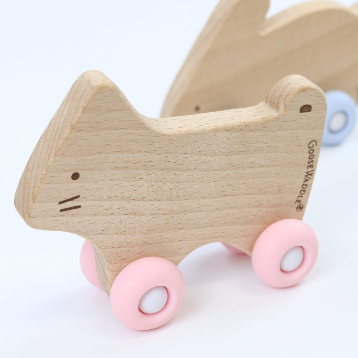 Pink Kitten Silicone + Wood Teether with Wheels - HoneyBug 