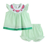 Green & White Stripe Watermelon Smocked Angel-Sleeve Dress & Bloomers