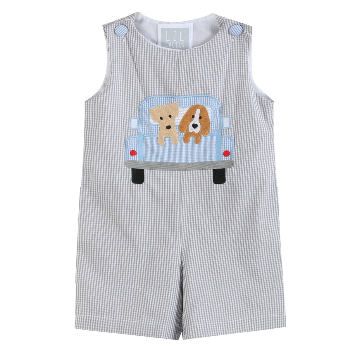 Grey Gingham Puppies in Truck Shortalls