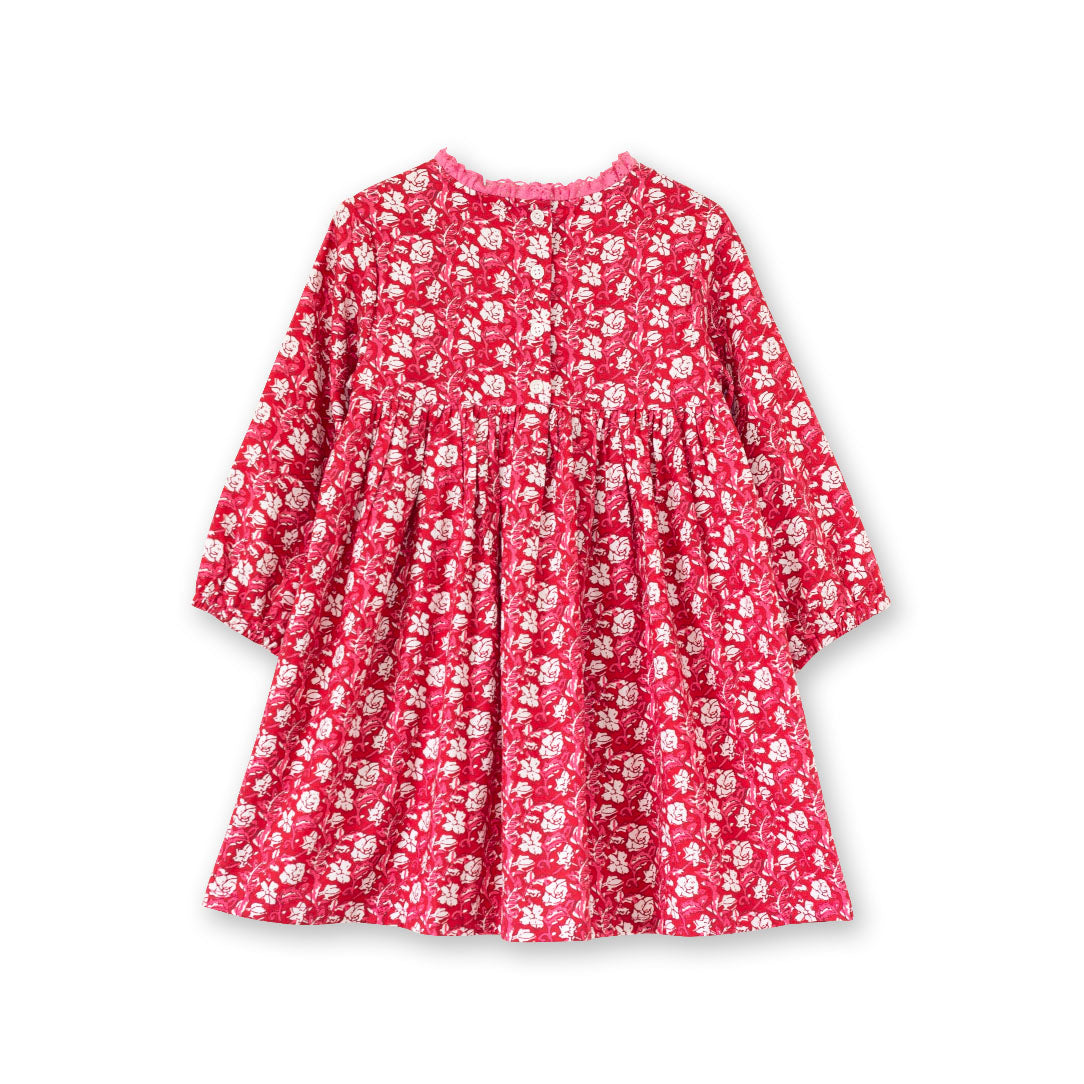 Toddler Long Sleeves Dress with Lace Trim | Red and White Floral - HoneyBug 