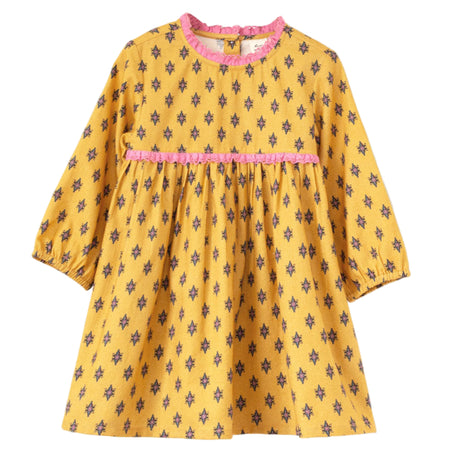Toddler Long Sleeves Dress with Lace Trim | Yellow and Pink - HoneyBug 