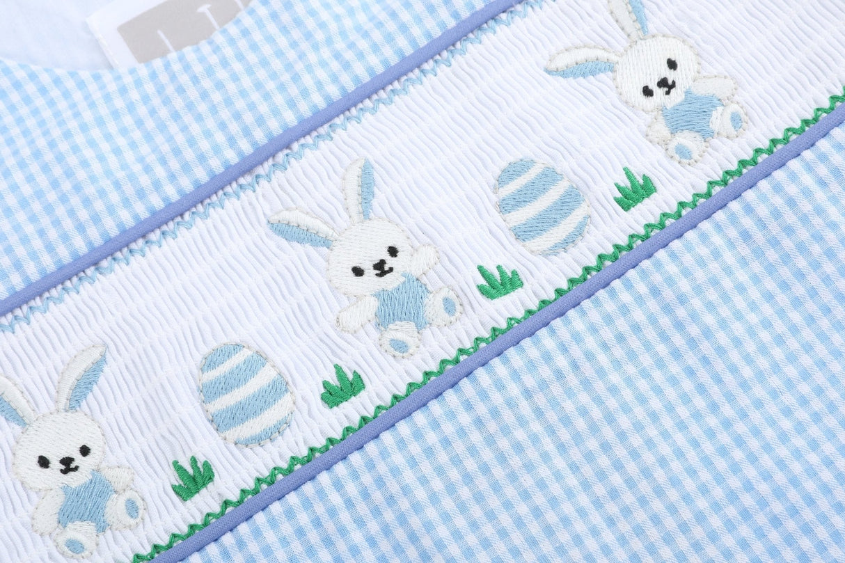 Light Blue Gingham Easter Egg and Bunnies Smocked Shortall