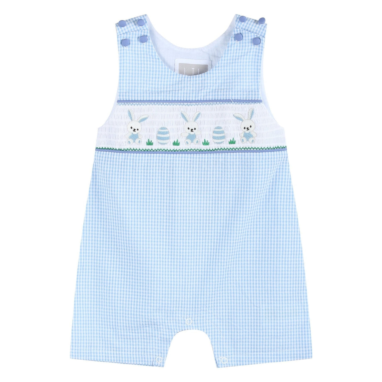 Light Blue Gingham Easter Egg and Bunnies Smocked Shortall