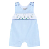 Light Blue Gingham Easter Egg and Bunnies Smocked Shortall