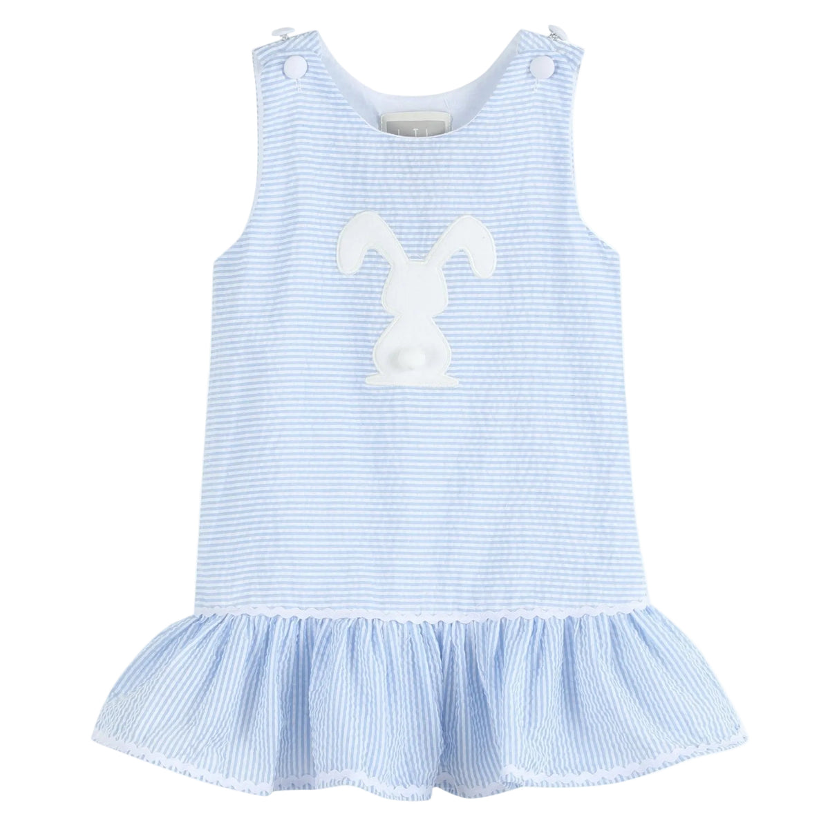 Light Blue Seersucker Pom Pom Bunny Swing Dress