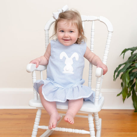 Light Blue Seersucker Pom Pom Bunny Swing Dress