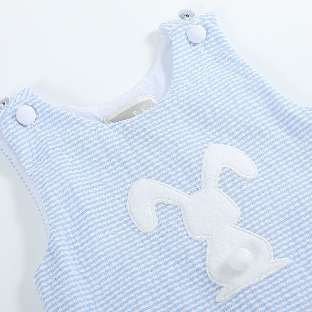 Light Blue Seersucker Pom Pom Bunny Swing Dress