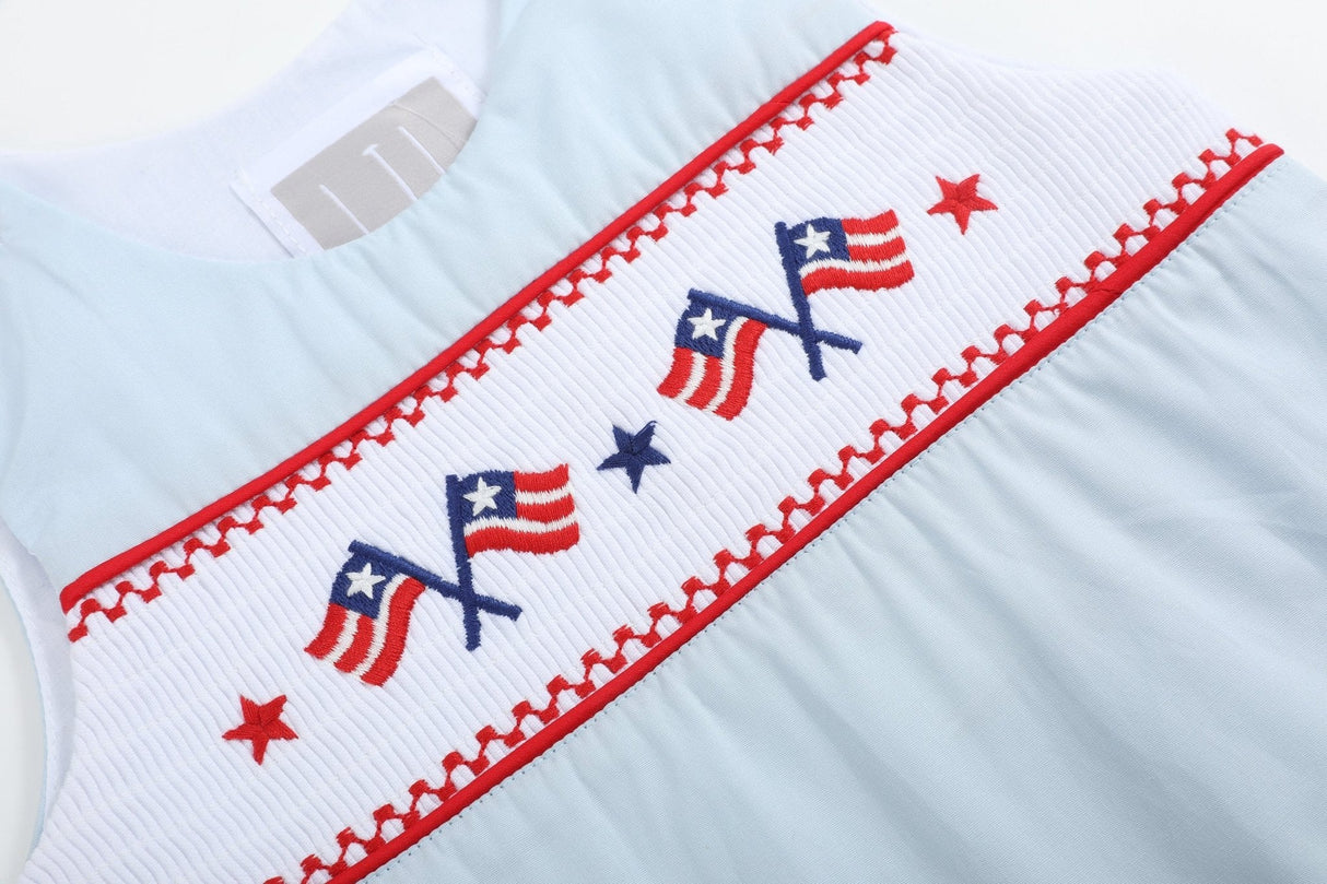 Light Blue USA Flag Smocked Shortalls