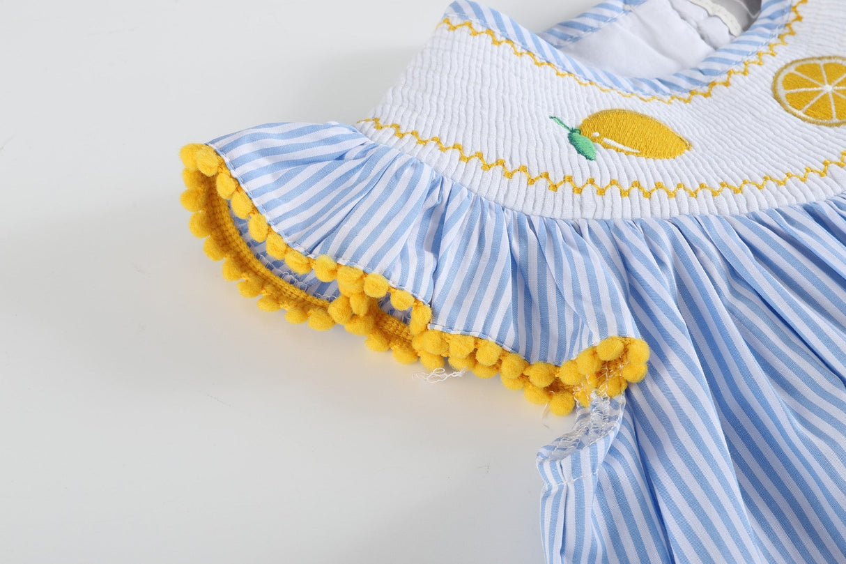 Light Blue Striped Lemons Smocked Bishop Dress