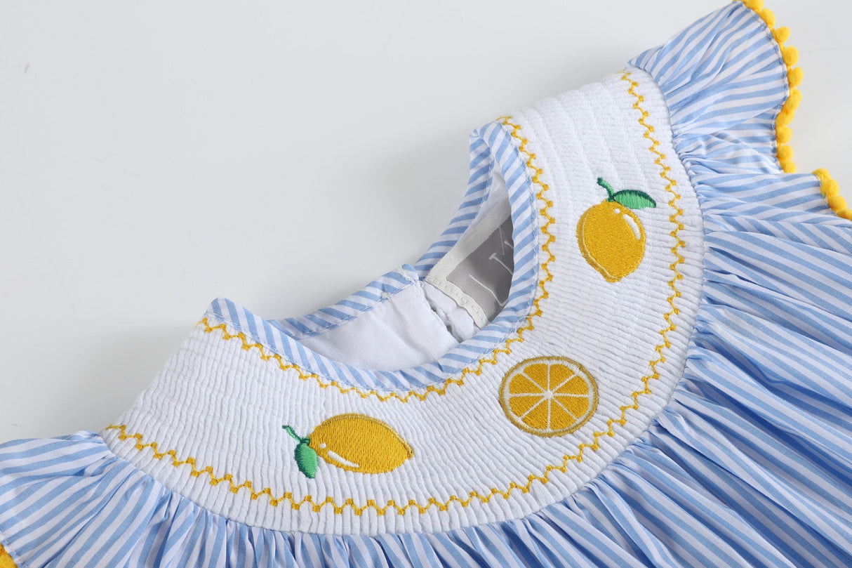 Light Blue Striped Lemons Smocked Bishop Dress