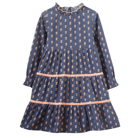 Girls' Long Sleeves Tiered Skirt Dress with Velvet Trim | Orange Floral - HoneyBug 