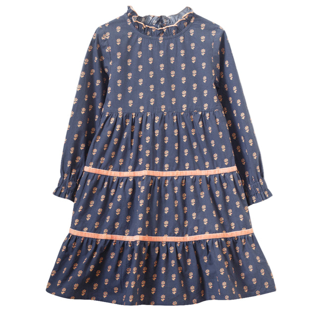 Girls' Long Sleeves Tiered Skirt Dress with Velvet Trim | Orange Floral - HoneyBug 