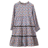 Girls' Long Sleeves Tiered Skirt Dress with Velvet Trim | Blue and Mustard - HoneyBug 