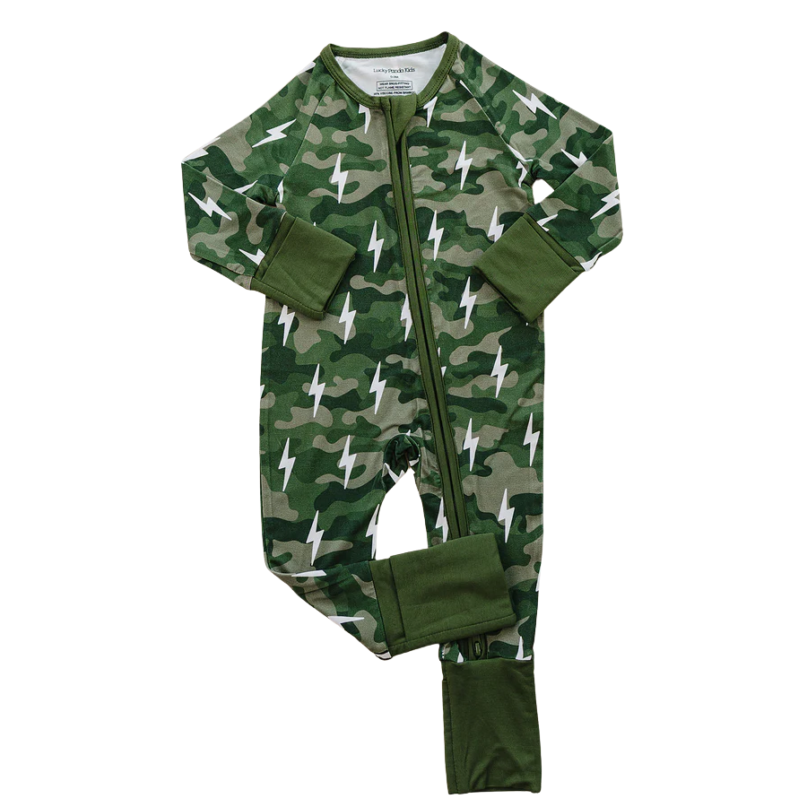 Bamboo Zip Romper | Green Camo Bolts