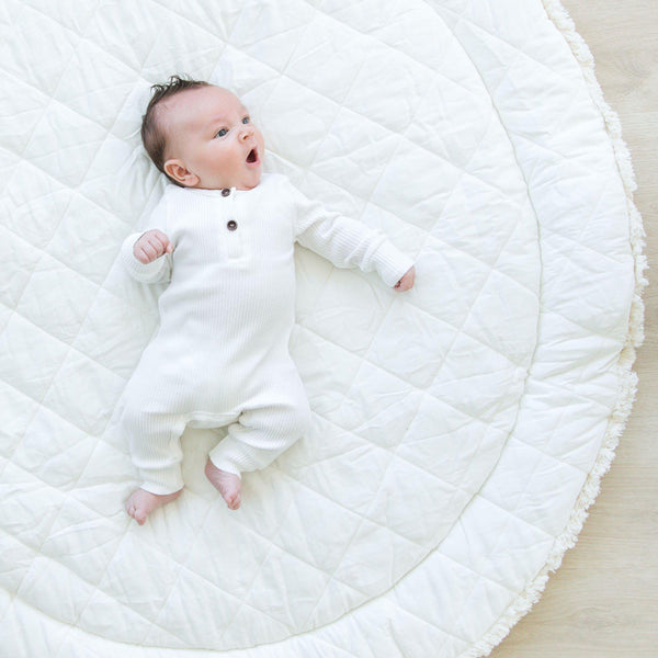 Organic Cotton Quilted Round Play Mat - Cobi Blue Stripes and Ivory - HoneyBug 