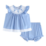 Periwinkle Blue Crosses Smocked Dress and Bloomers Set