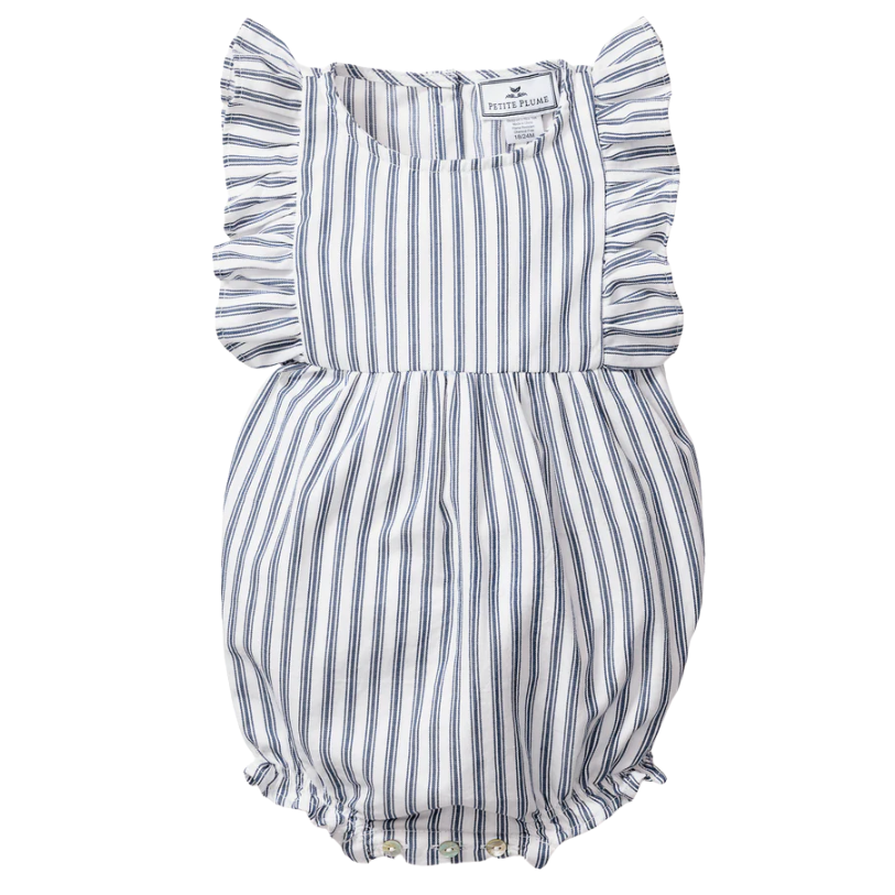 Baby's Twill Ruffled Romper in Navy French Ticking