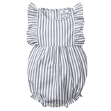Baby's Twill Ruffled Romper in Navy French Ticking