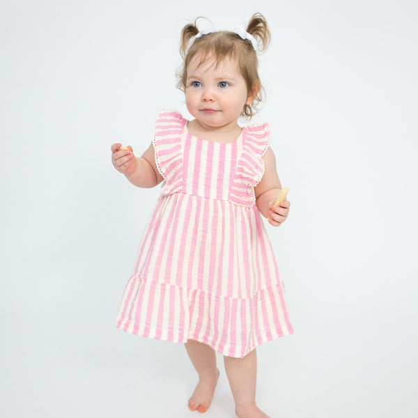 Picot Edged Dress + Diaper Cover - Pink Stripe - HoneyBug 