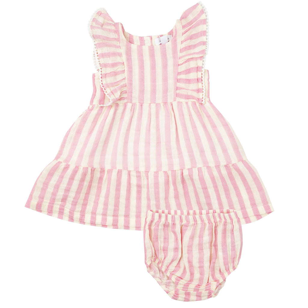 Picot Edged Dress + Diaper Cover - Pink Stripe - HoneyBug 