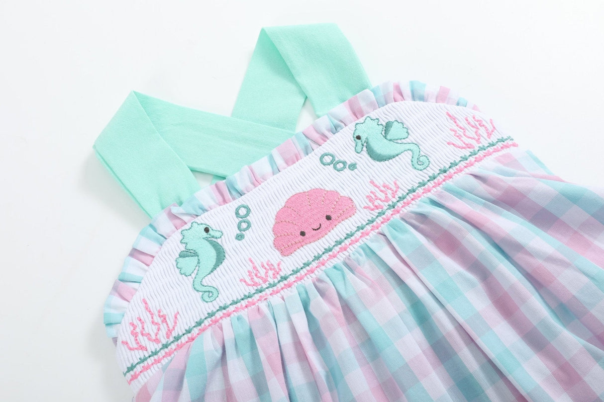 Pink and Aqua Seashell Smocked Sundress