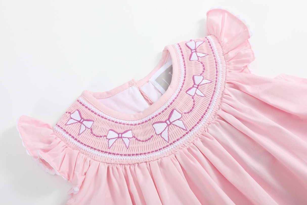 Pink and White Bows Smocked Bishop Dress