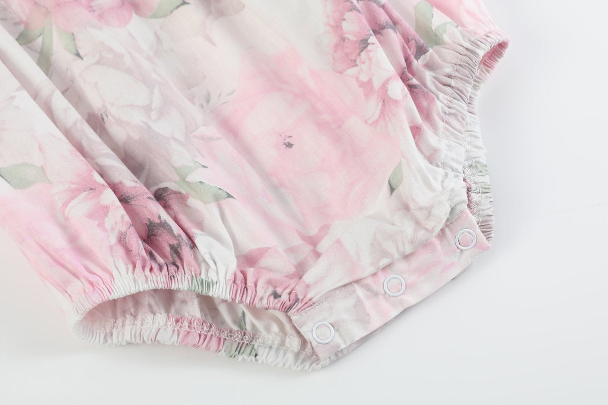 Pink and White Peony Bunny Smocked Flutter Romper
