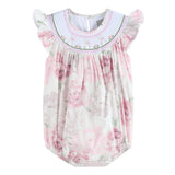 Pink and White Peony Bunny Smocked Flutter Romper