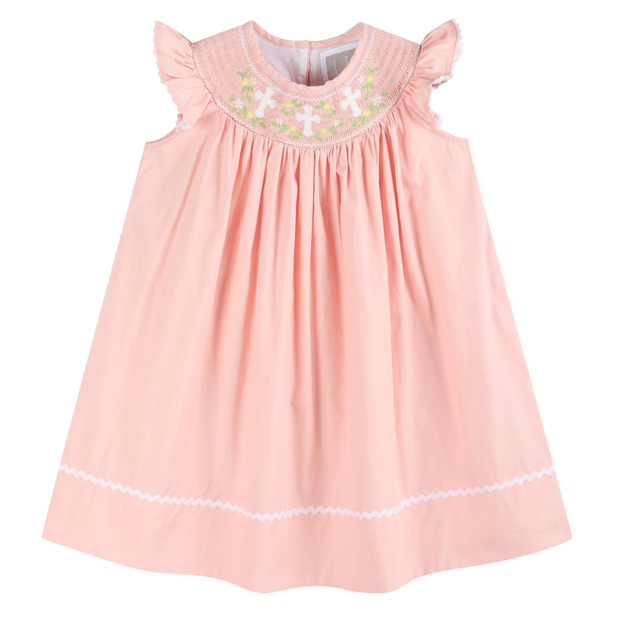 Pink Floral Crosses Smocked Bishop Dress