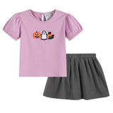Purple Halloween Ruffle Top and Gray Skort Set
