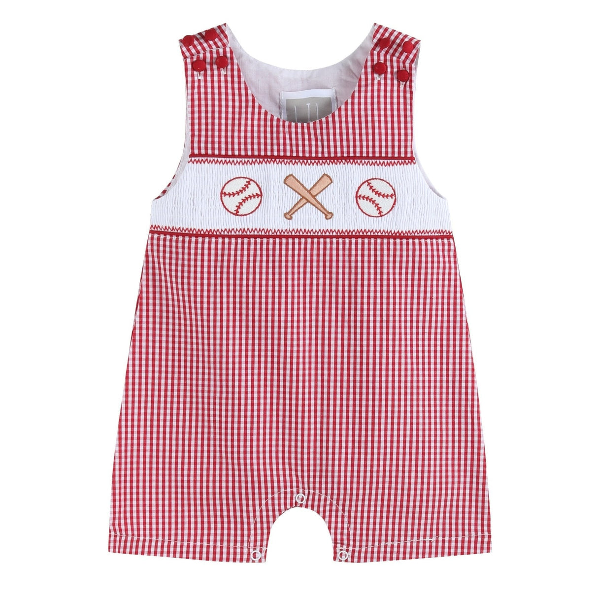 Red Gingham Baseball Smocked Shortalls