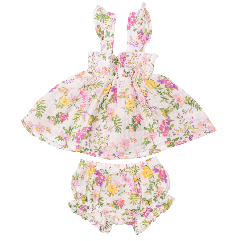 Ruffle Strap Smocked Top And Diaper Cover - Cute Hummingbirds - HoneyBug 