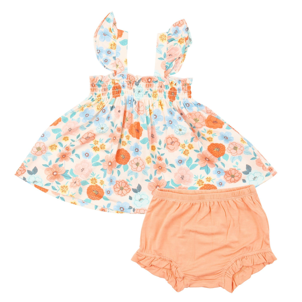 Ruffle Strap Smocked Top And Diaper Cover - Flower Cart - HoneyBug 