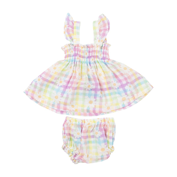 Ruffle Strap Smocked Top And Diaper Cover - Gingham Daisy - HoneyBug 