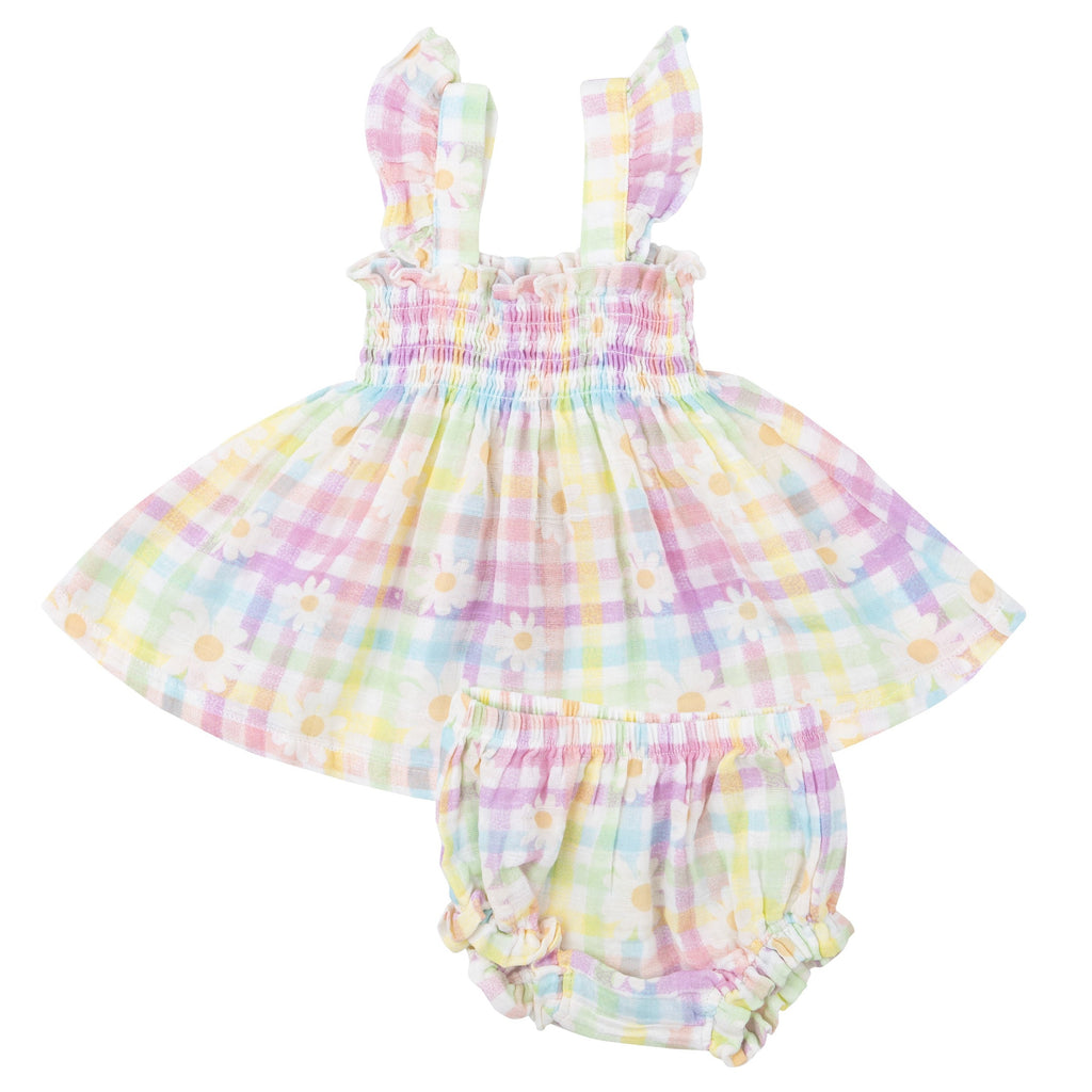 Ruffle Strap Smocked Top And Diaper Cover - Gingham Daisy - HoneyBug 