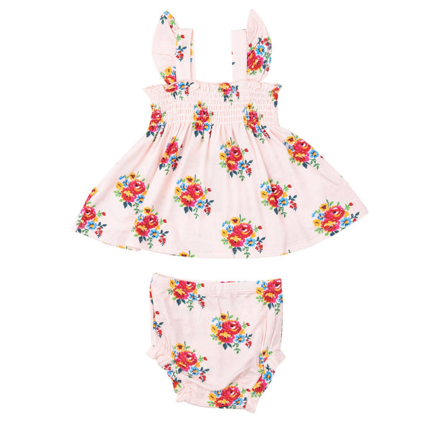 Ruffle Strap Smocked Top And Diaper Cover - Pretty Bouquets - HoneyBug 