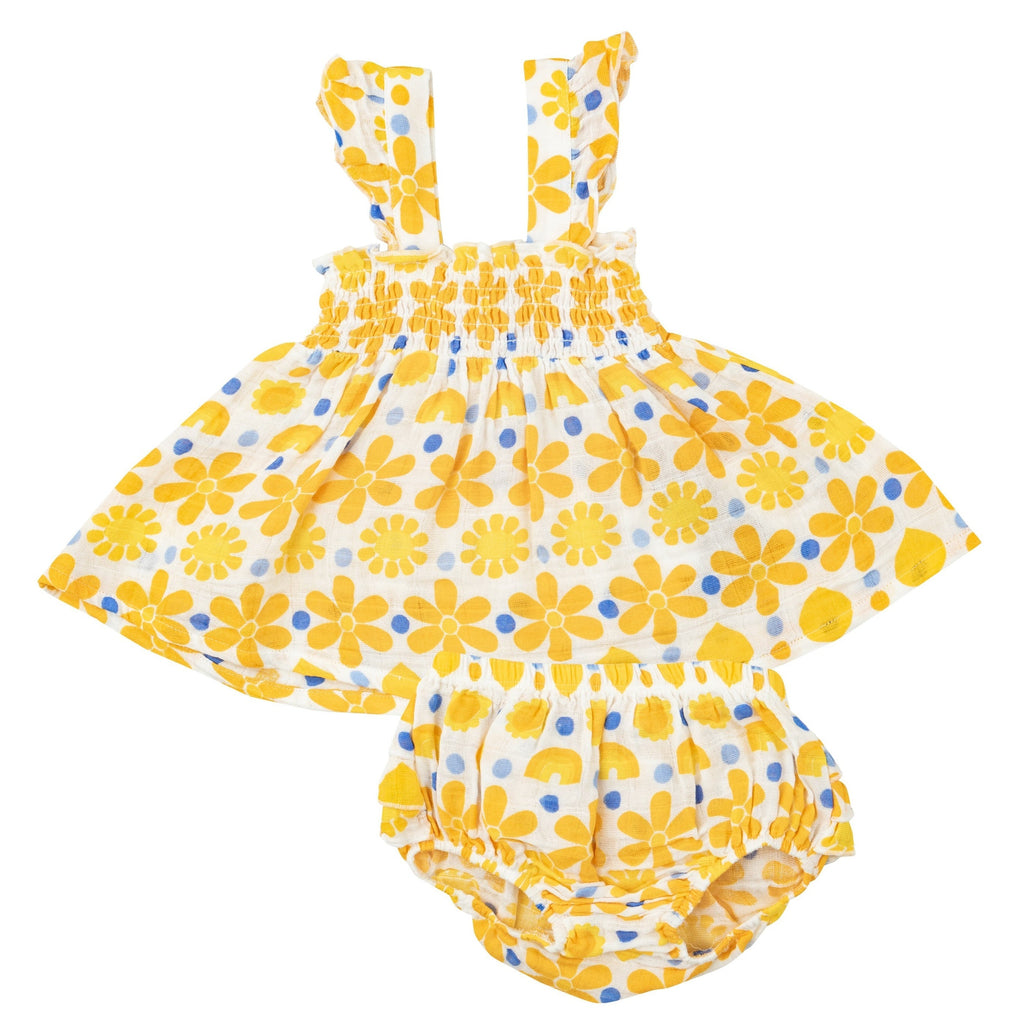 Ruffle Strap Smocked Top And Diaper Cover - Sunny Lemon Geo - HoneyBug 