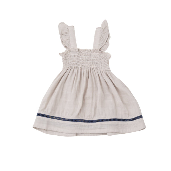 Ruffle Strap Smocked Top And Diaper Cover With Trim - Oatmeal Solid Muslin - HoneyBug 