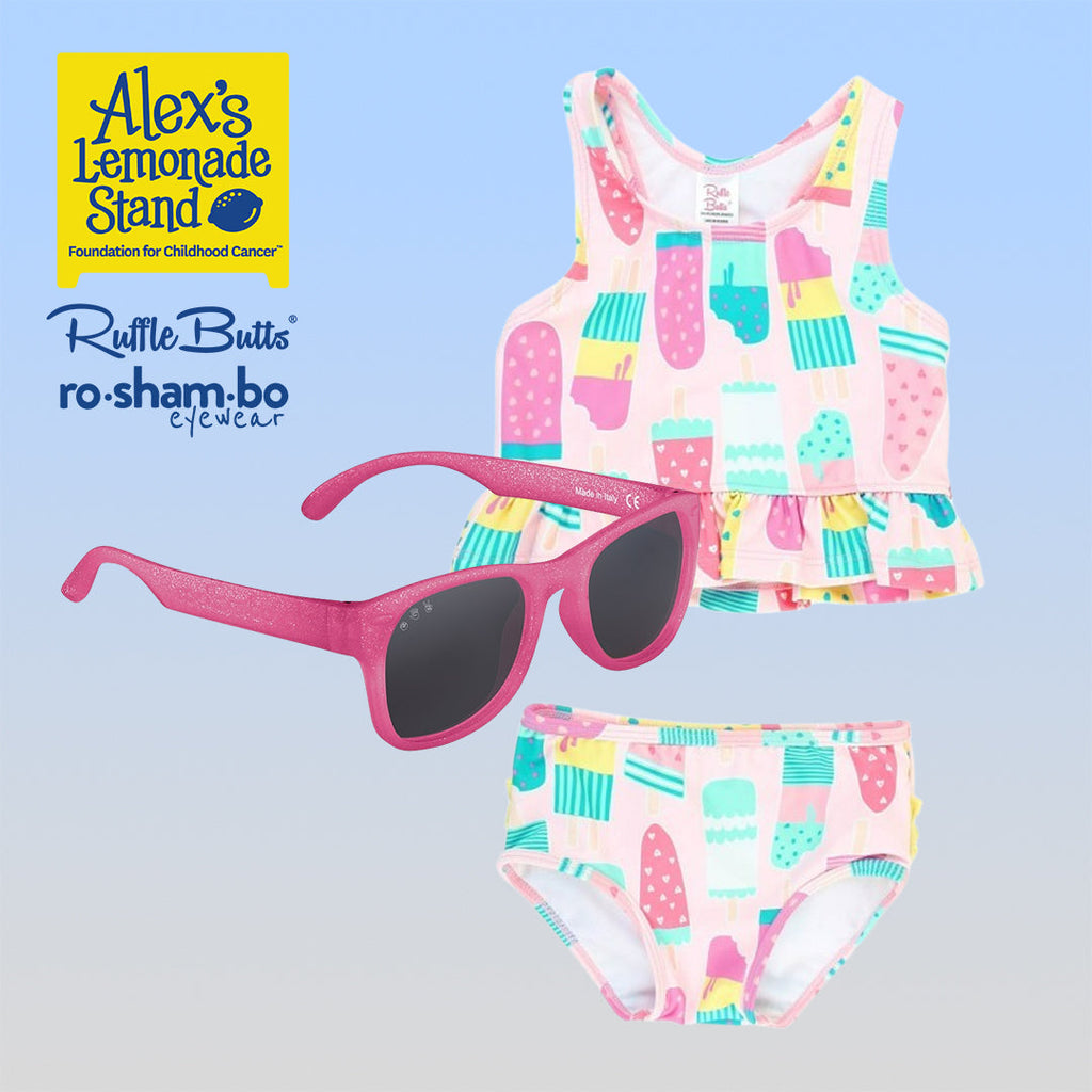 RuffleButts Girls Ice Cream Tankini with Roshambo Pink Glitter Sunglasses - HoneyBug 