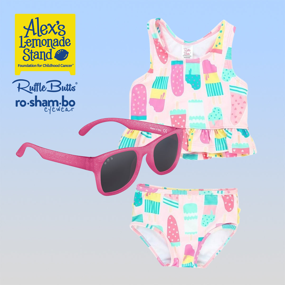 RuffleButts Toddler Ice Cream Tankini with Roshambo Pink Glitter Sunglasses - HoneyBug 