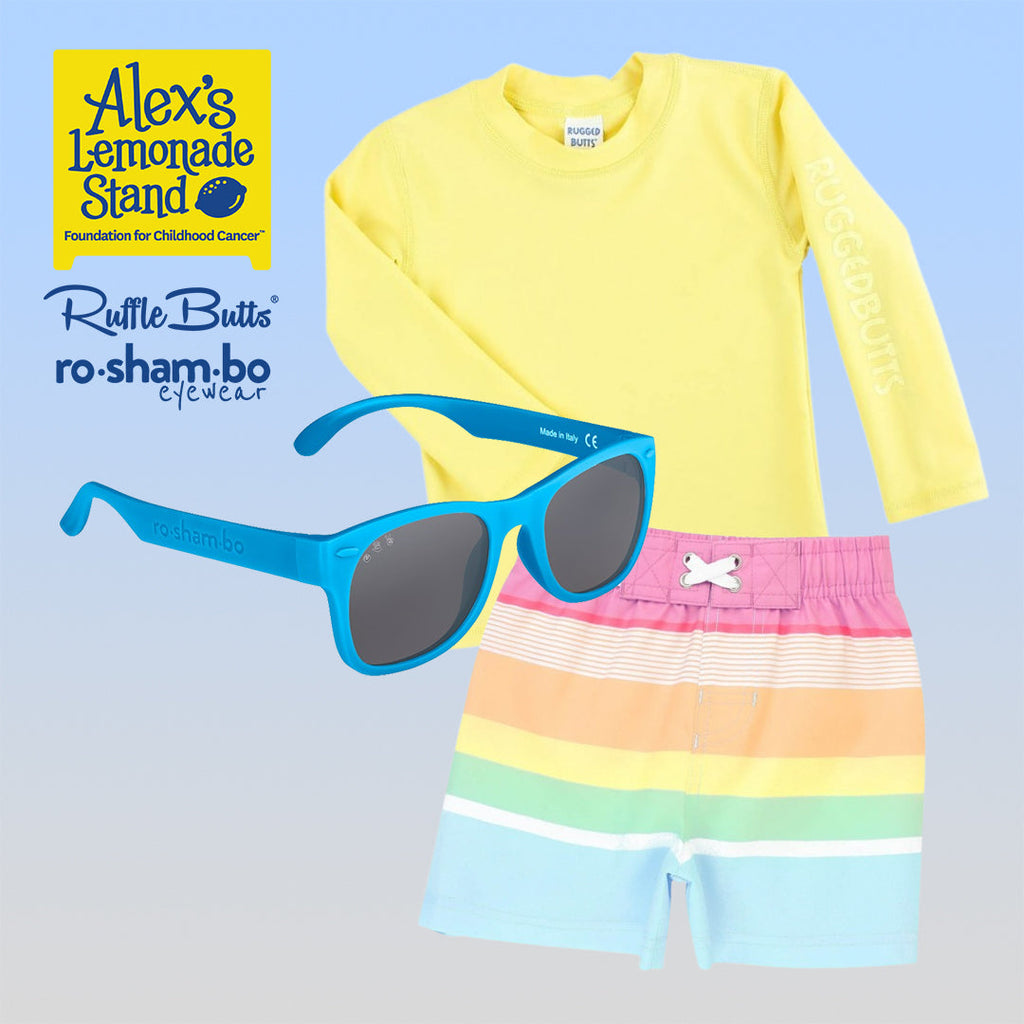 RuggedButts Boys Rainbow Stripe Swim Trunks & Rash Guard with Roshambo Blue Sunglasses - HoneyBug 