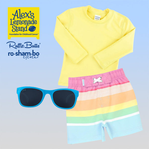 RuggedButts Toddler Rainbow Stripe Swim Trunks & Rash Guard with Roshambo Blue Sunglasses - HoneyBug 