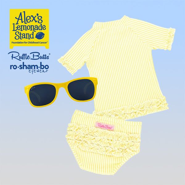 RuffleButts Baby Seersucker Rash Guard Bikini with Roshambo Yellow Sunglasses - HoneyBug 