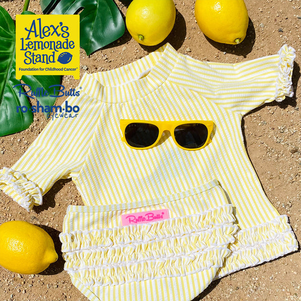 RuffleButts Baby Seersucker Rash Guard Bikini with Roshambo Yellow Sunglasses - HoneyBug 