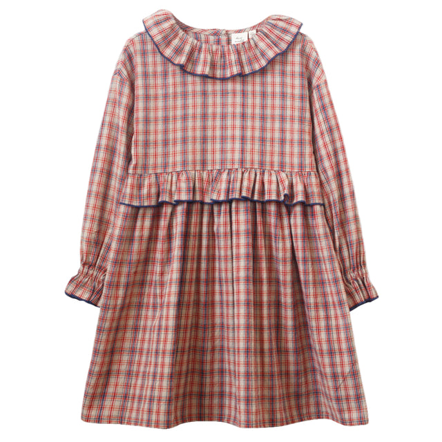 Girls' Ruffle Collar Long Sleeve Dress | Red and Blue Check - HoneyBug 