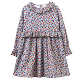 Girls' Ruffle Collar Long Sleeve Dress | Blue and Mustard Floral - HoneyBug 