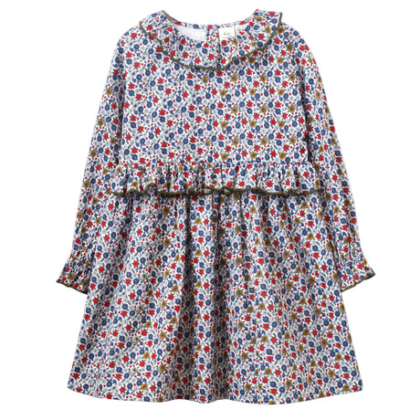 Girls' Ruffle Collar Long Sleeve Dress | Blue and Mustard Floral - HoneyBug 