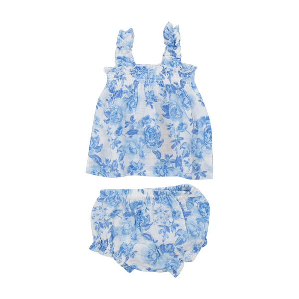 Ruffly Strap Top And Bloomer Set - Roses In Blue - HoneyBug 