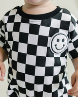 Short Sleeve Bubble Romper | Checkered Smiley Black - HoneyBug 